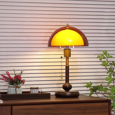Vintage mushroom lamp wood grain base detail