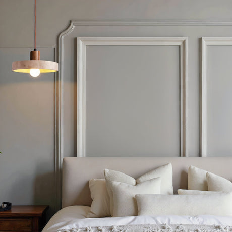 wood and iron accented stone pendant lamp for bedroom ambiance