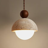Travertine Dome Pendant Light Glass and Wood