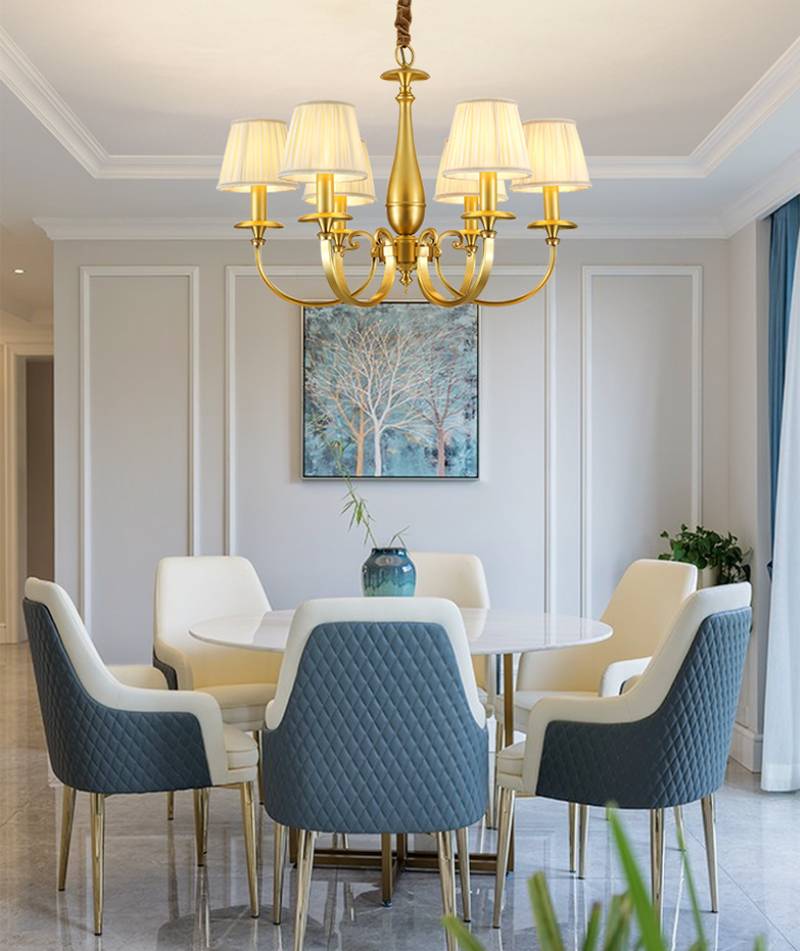 Brass Chandelier with Fabric Shades for Dining Room