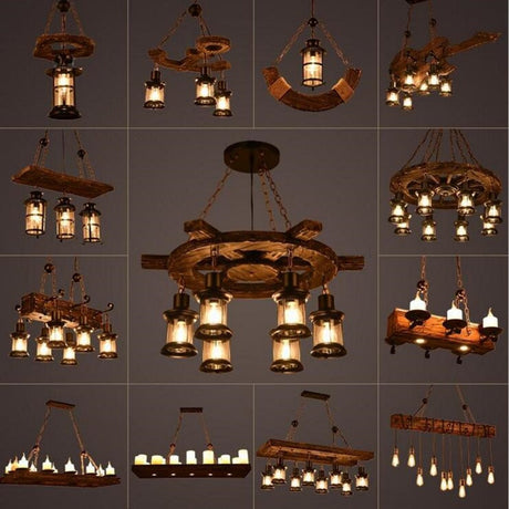 Industrial Wood Ceiling Light Close-Up of Iron Detailing