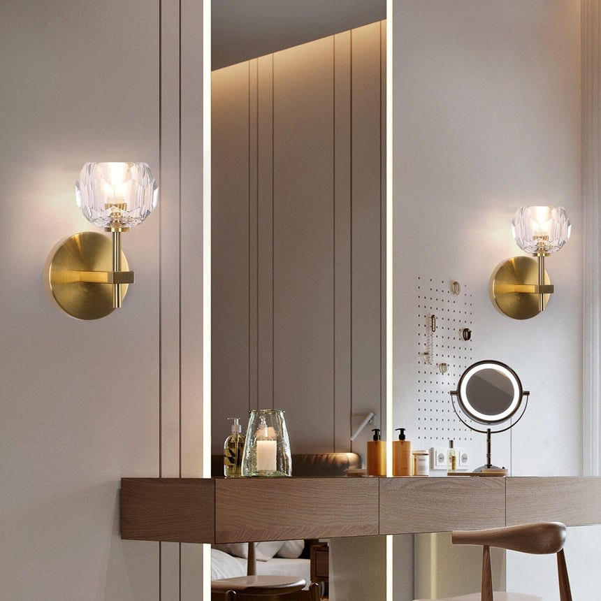Crystal wall sconce mounted in a hallway