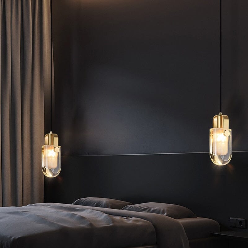 crystal pendant light with gold lampshade for bedroom bedside ambiance