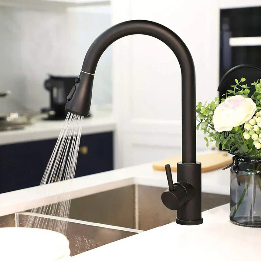 NoirFlow retractable tap close-up black finish