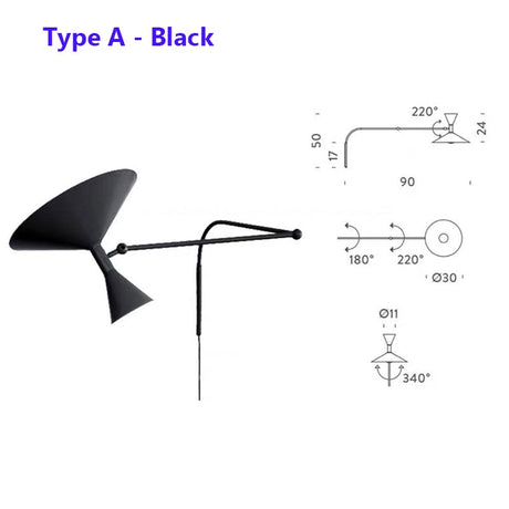 industrial-style swing arm wall lamp - up and down shade direction detail