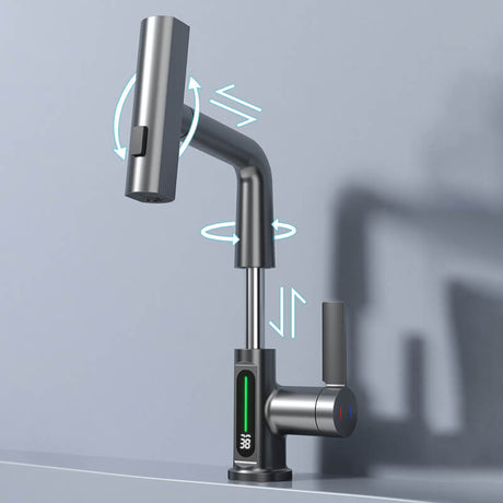 Pull-out kitchen faucet side profile view - 360-degree swivel rotation