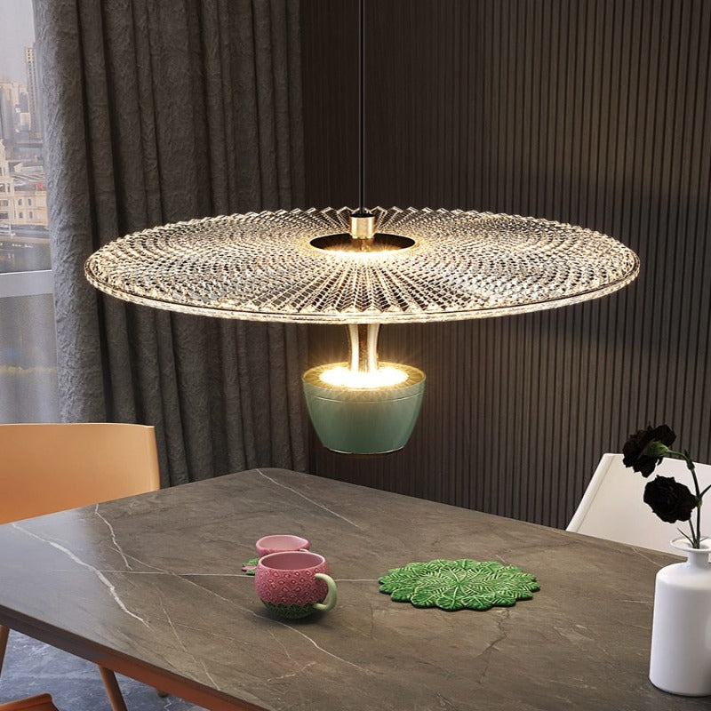 glass and aluminum pendant chandelier with engraved surface