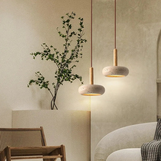 Stone pendant light side angle detail view