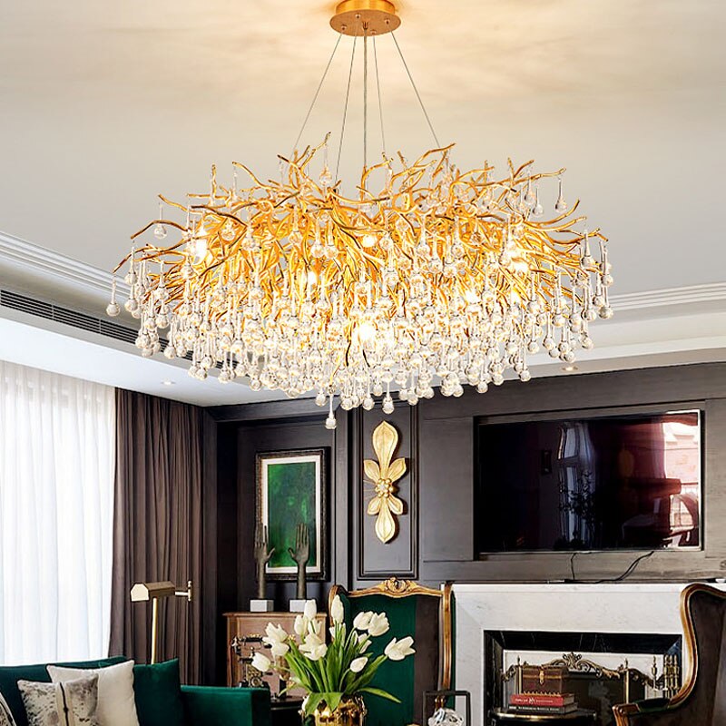 Gold Branch Crystal LED Chandelier for Living Room