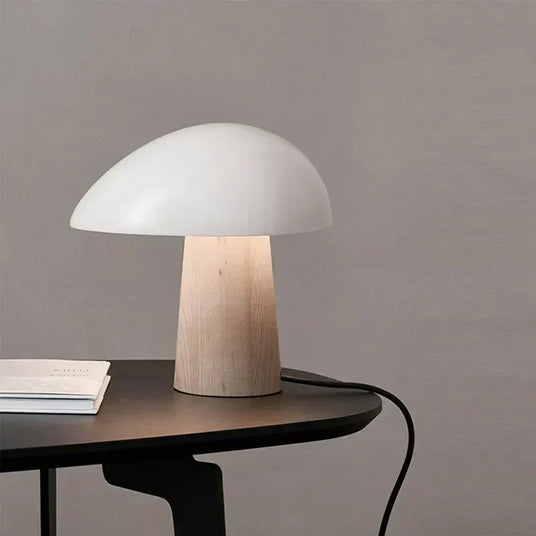 Ambient bedroom lamp with wood and metal design