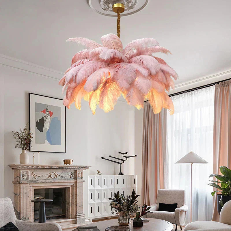 Handcrafted Feather Chandelier Installed in Living Room