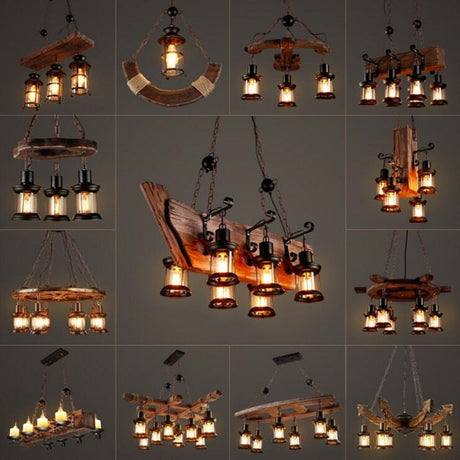 Vintage Industrial Wood LED Ceiling Light for Dining Room