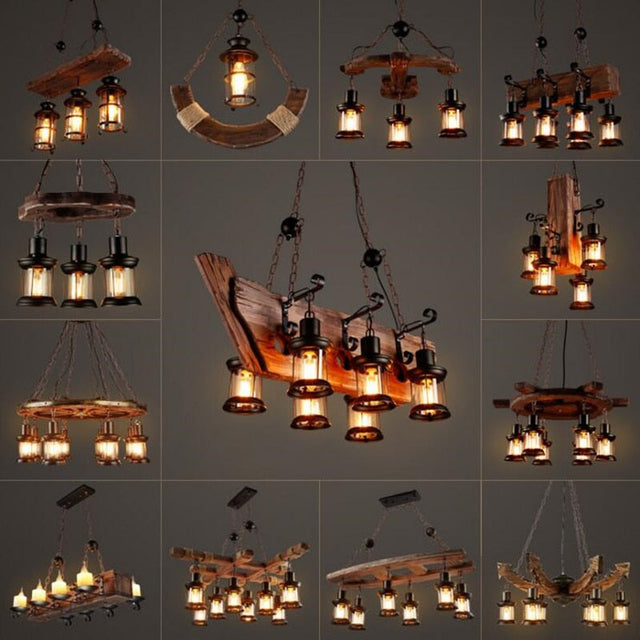 Vintage Industrial Wood LED Ceiling Light for Dining Room