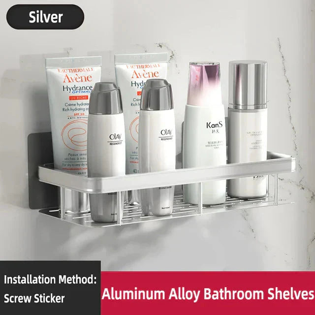 Corner bathroom shelf finish and material detail - rust-resistant aluminum build