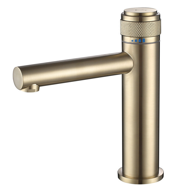 Single-handle bathroom mixer faucet finish and material detail - brass construction