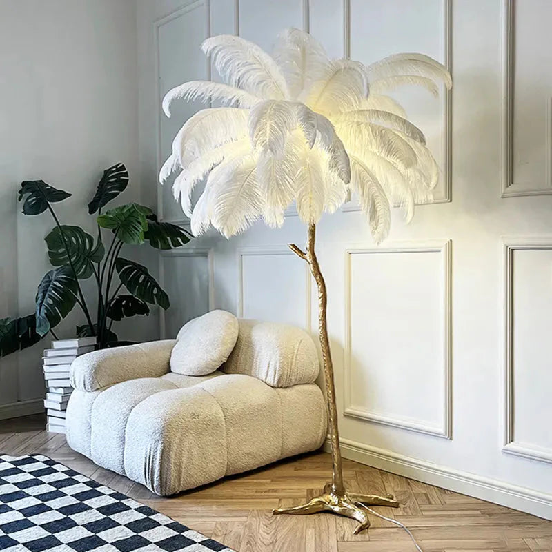 Ostrich Feather Floor Lamp in Brass Copper Finish