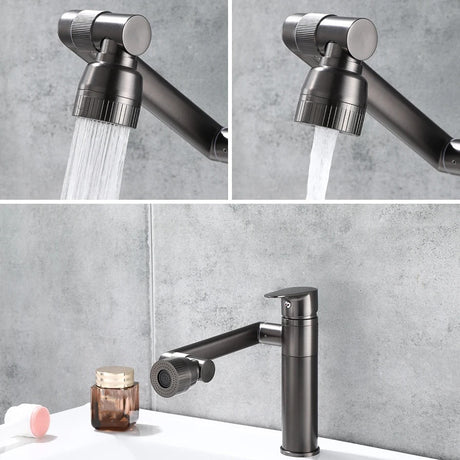 Single-hole swivel bathroom faucet close-up view - multi-directional rotating head