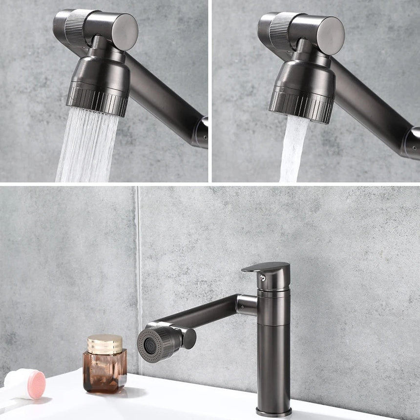 Single-hole swivel bathroom faucet close-up view - multi-directional rotating head