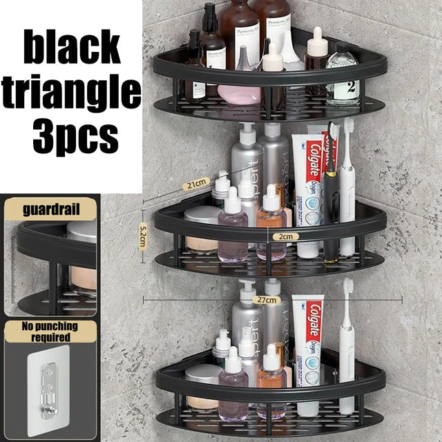 Corner bathroom shelf side profile view - wall-mounted no-drill install