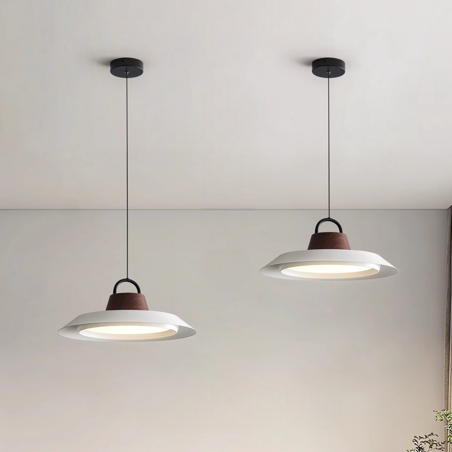 Wood accent pendant light illuminated in dining room