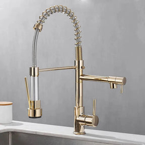 LumaFlow Dual Spout Kitchen Faucet Black and Gold