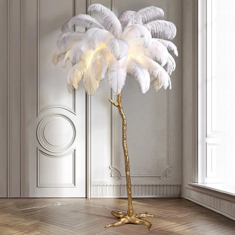 Ostrich Feather Floor Lamp Polished Brass Detail