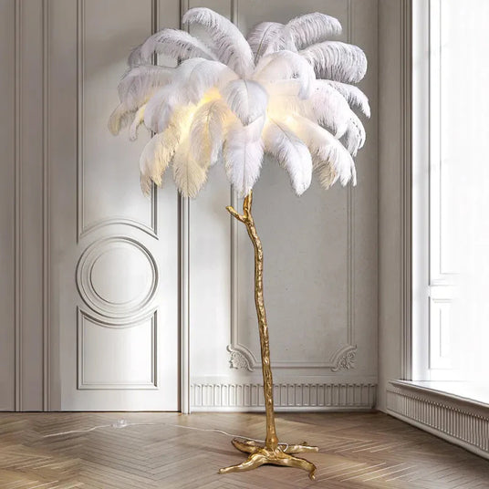 Ostrich Feather Floor Lamp Polished Brass Detail