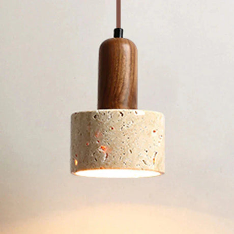 Travertine and Wood Pendant Light Close-up Detail