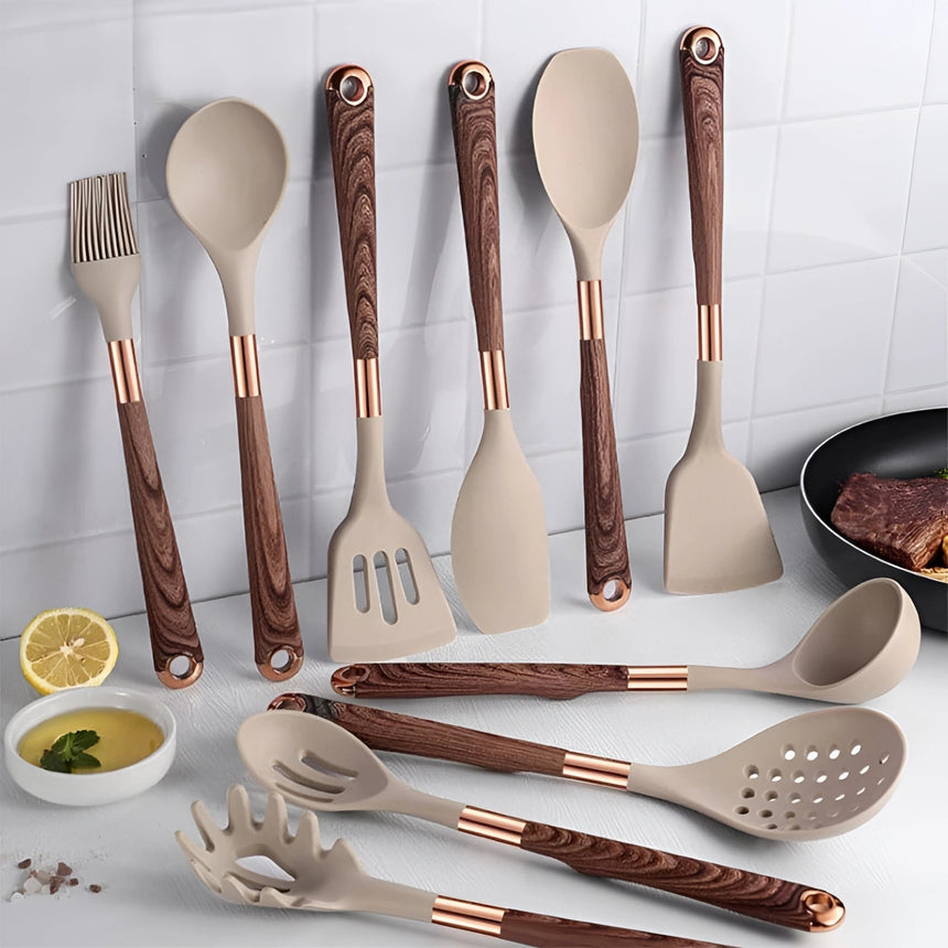 Aurelo Kitchen Elite 10-Piece Stainless Steel Utensil Set With Non-Slip Grips - OpalDwell