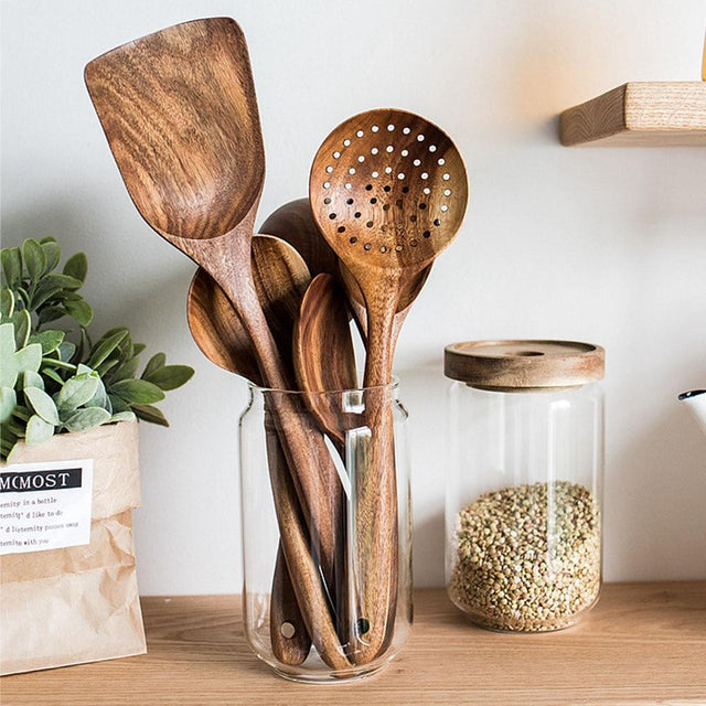 Teak wood kitchen utensil set for everyday cooking