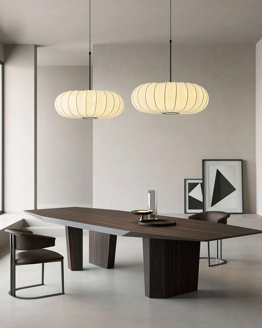 Silk Shade Pendant Light Detail with Metal Frame Finish