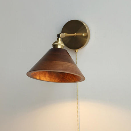 Aureo Vintage-Style Wood Wall Lamp walnut dome shade detail - OpalDwell