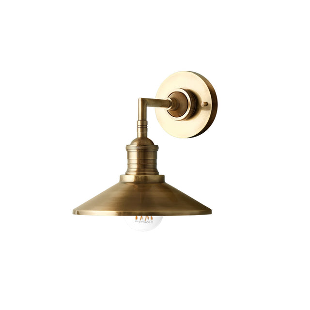 Lyra Antique Brass Wall Lamp Cone Shade Exposed Bulb