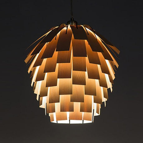 Artichoke shaped wood pendant lamp fixture