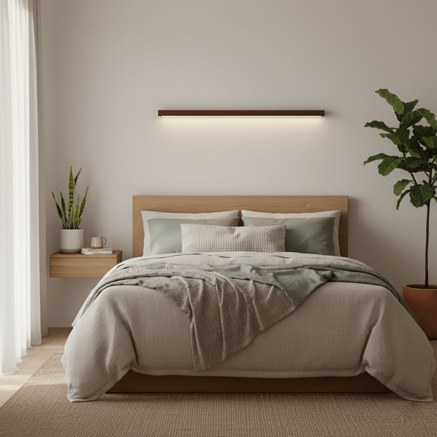 Wood bar lit above a bed with a pale headboard and two small side tables