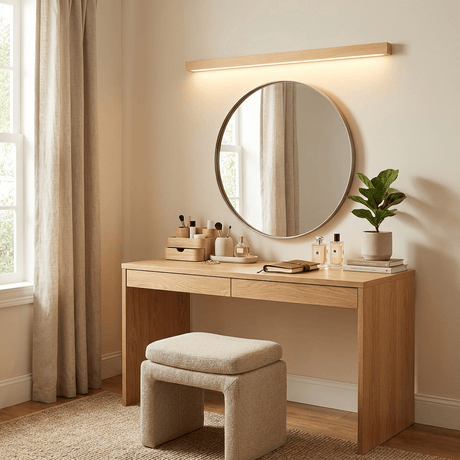 Wood bar lit above a round mirror on a pale dressing table with a stool and plant