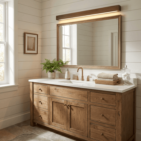 Wood bar lit above a framed mirror over a wood vanity with a plant and towels