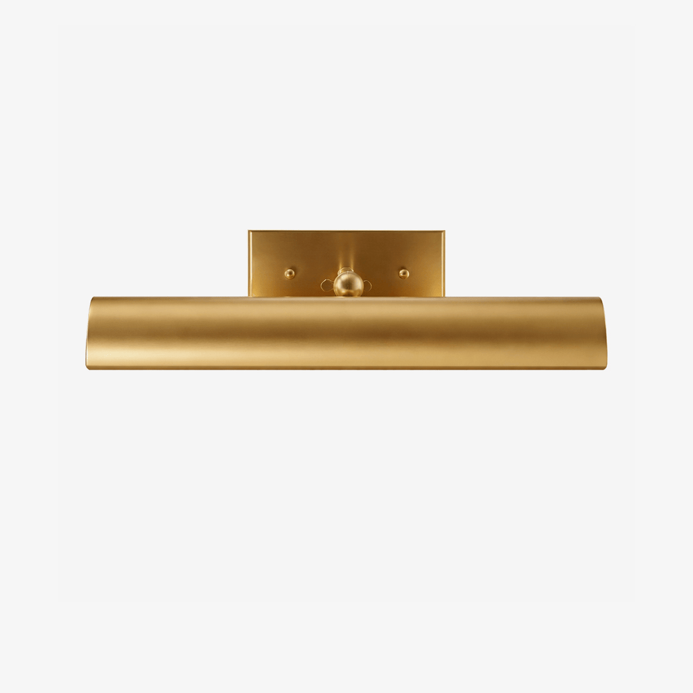 Rolled brass shade under a flat plate, the front edge curving downward