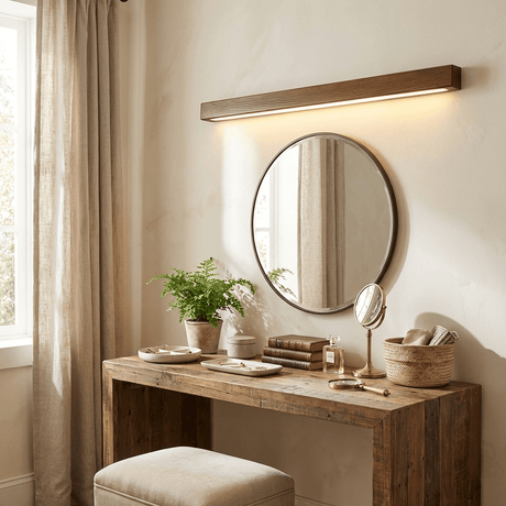 Wood bar lit above a round mirror on a rustic console with a stool and plants