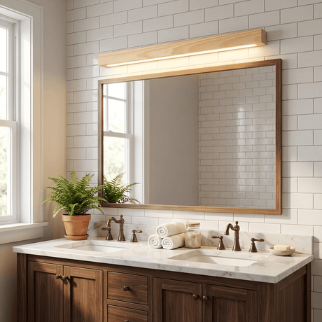 Wood bar lit above a framed mirror over a double basin vanity on a tiled wall