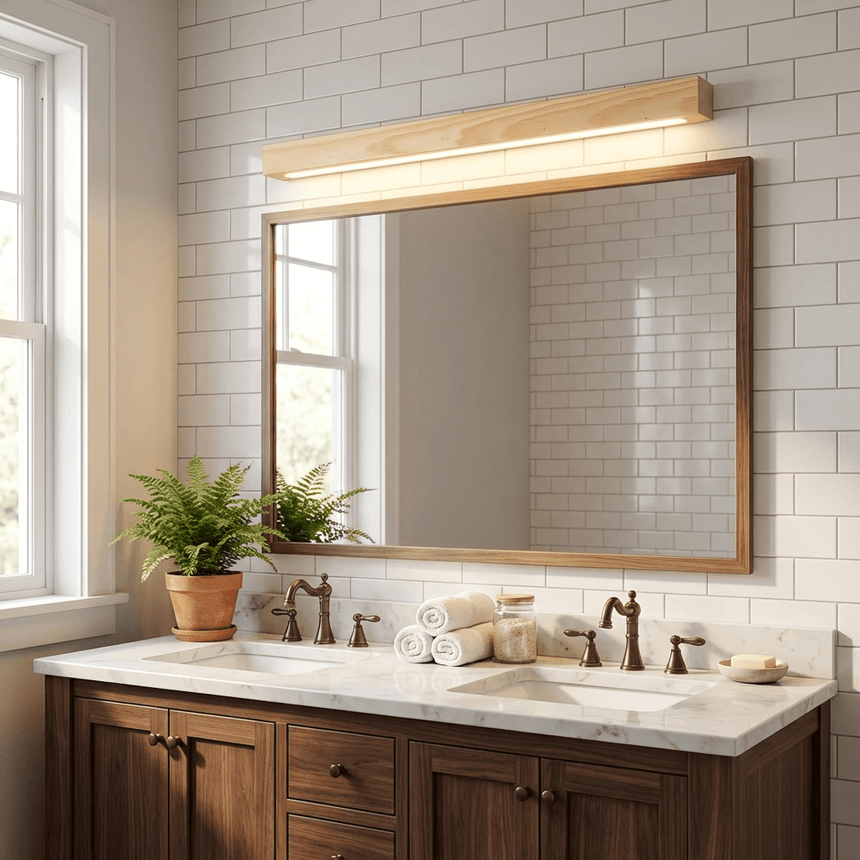 Wood bar lit above a framed mirror over a double basin vanity on a tiled wall