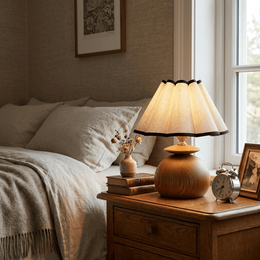 Accent table lamp lit on a nightstand beside a made bed and a clock