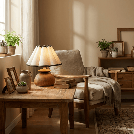 Accent table lamp lit on a wood table beside a low armchair