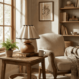 Accent table lamp with a black trimmed shade lit beside an armchair