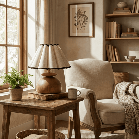 Accent table lamp with a black trimmed shade lit beside an armchair