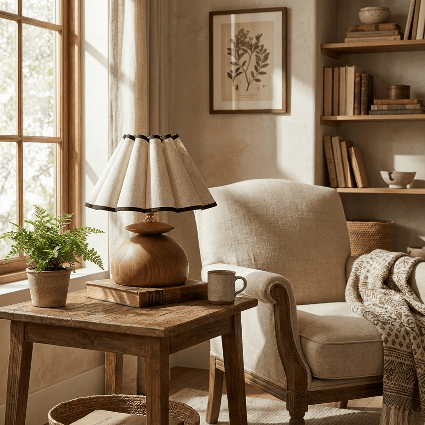 Accent table lamp with a black trimmed shade lit beside an armchair