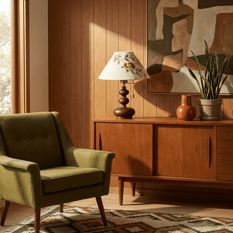 Floral shade lamp lit on a sideboard beside a green armchair