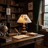 Floral shade lamp lit on a desk in a study lined with bookshelves