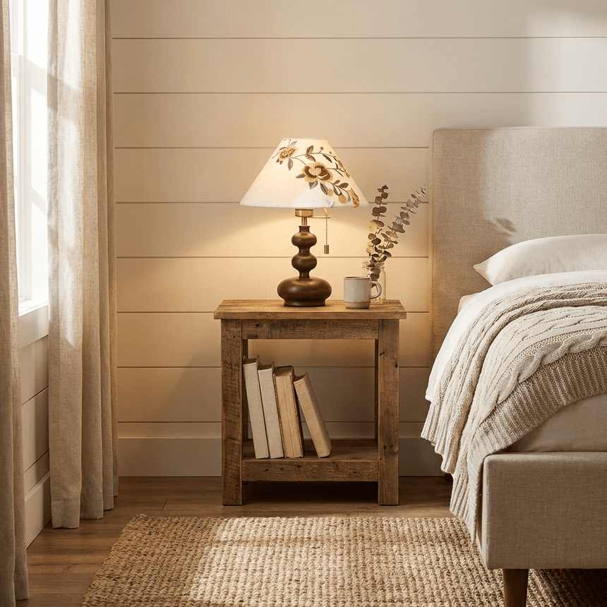 Floral shade lamp lit on a wood side table beside books and a bed