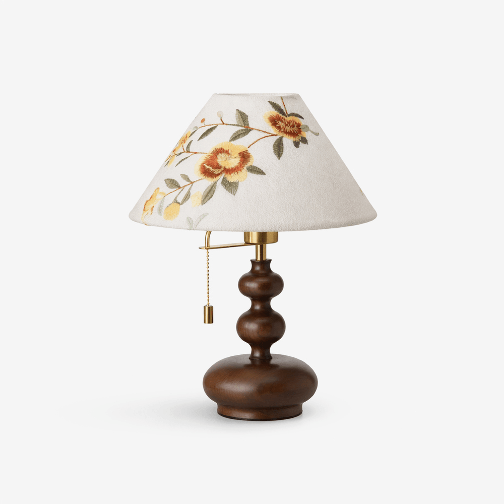 Table lamp with a painted floral shade on a turned walnut gourd base